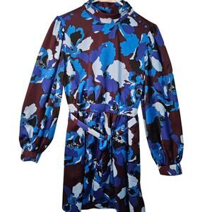 Who What Where Blue Brown Dress Mach Neck Button Long Sleeve Medium Career Chic